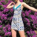Spaghetti-strap Butterfly Print Mini Bodycon Dress