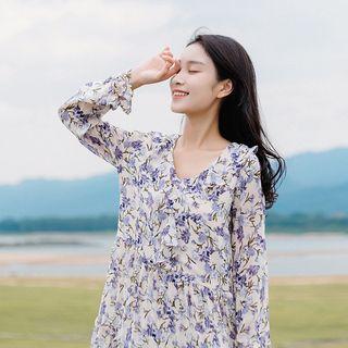 Flower Print Long-sleeve Midi A-line Dress Purple - One Size