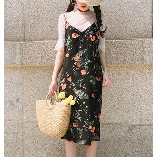 Set: Short-sleeve T-shirt + Print Spaghetti Strap Dress