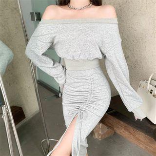 Off-shoulder Pullover / Drawstring Ruched Slit Midi Pencil Skirt