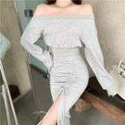 Off-shoulder Pullover / Drawstring Ruched Slit Midi Pencil Skirt