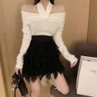 Long-sleeve Cold Shoulder Top / Fringed A-line Mini Skirt