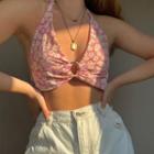 Floral Print Cut-out Halter Tank Top Pink - One Size