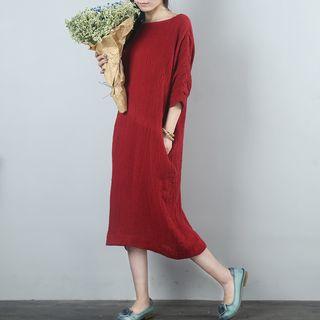 Crinkled 3/4-sleeve Midi T-shirt Dress