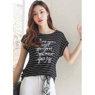 Cap-sleeve Beaded Stripe T-shirt
