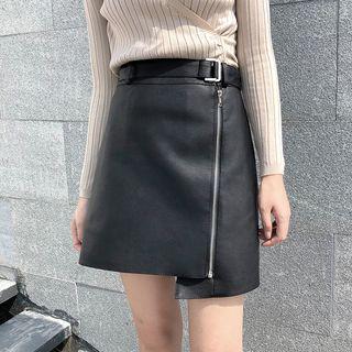 Faux-leather A-line Skirt With Belt