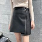 Faux-leather A-line Skirt With Belt
