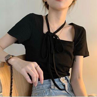 Square-neck Tie-strap T-shirt Black - One Size
