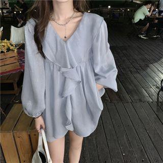 Set: V-neck Ruffle Trim Blouse + Camisole Set Of 2 - Shirt & Camisole Top - Blue - One Size