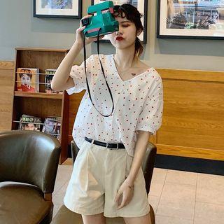 Heart-print V-neck Chiffon Shirt