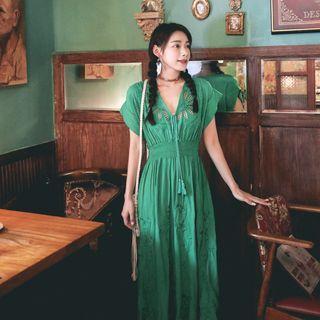 Set: Short-sleeve Embroidered Lace Trim Midi Smock Dress + Camisole