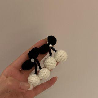 Pom Pom Dangle Earring 1 Pair - Black & White - One Size