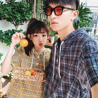 Couple Matching Short-sleeve Hooded Plaid Top