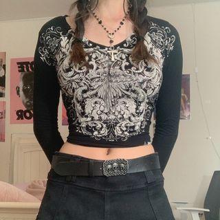 Printed Round Neck Long Sleeve Skinny Top