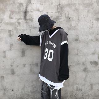 Mock Two-piece Printed Hooded Long-sleeve T-shirt