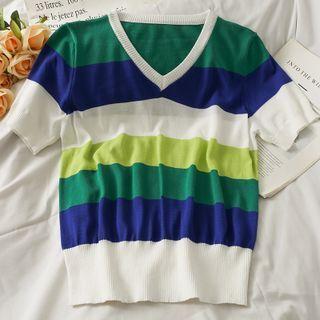 Striped V-neck Light Knit Top White - One Size
