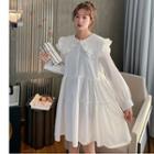 Long-sleeve Collar Midi A-line Dress White - One Size