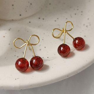 Sterling Silver Cherry Stud Earring 1 Pair - 1515 - Red & Gold - One Size