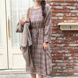 Tie-waist Plaid Long-sleeve A-line Midi Dress