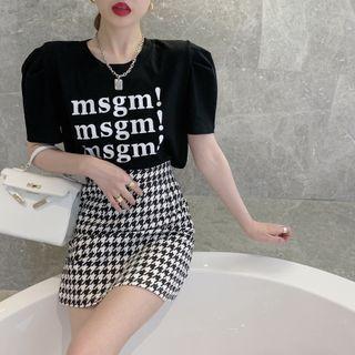 Puff-sleeve Letter Print T-shirt / High-waist Houndstooth A-line Skirt