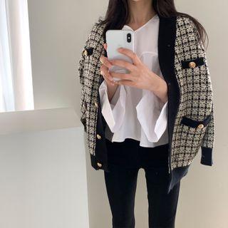 Long-sleeve Plaid Contrast Trim Knit Cardigan