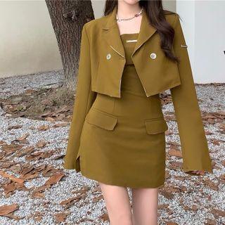 Cropped Double-breasted Blazer / Strapless Mini Sheath Dress