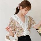 Puff-sleeve V-neck Lace Panel Floral Blouse