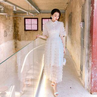 Collared Elbow-sleeve Maxi Tiered Dress