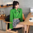 Dotted Shorts / Long-sleeve Dragon Embroidery Top