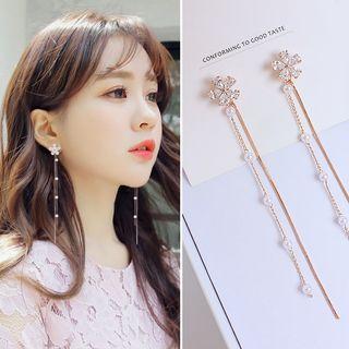 Faux Pearl Rhinestone Flower Drop Earring / Clip-on Earring