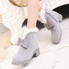 Furry Trim Bow Block Heel Ankle Boots