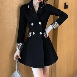 Sequined Trim Double-breasted Mini A-line Blazer Dress