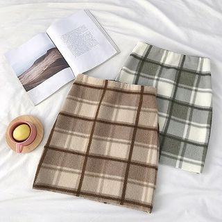 Color-block Plaid High-waist Acrylic A-line Skirt