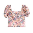 Shirred-sleeve Floral Print Cropped Top