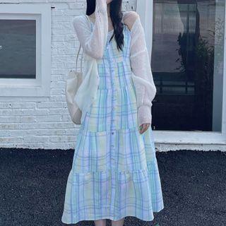 Spaghetti Strap Plaid Midi A-line Dress / Plain Cardigan