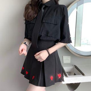 Elbow-sleeve Shirt / Heart Print Mini A-line Skirt / Neck-tie
