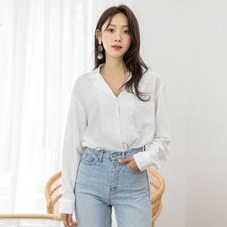 Open-placket Pocket-detail Textured Blouse