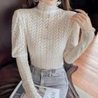 Long-sleeve Mock-neck Perforated Lace Top