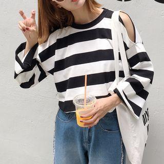 Cut Out Shoulder Striped Long Sleeve T-shirt