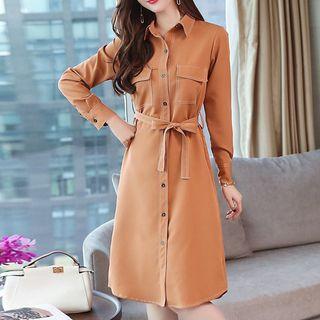 Long-sleeve Contrast Stitch Shirt Dress