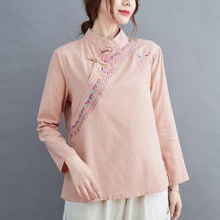 Long-sleeve Embroidered Frog-buttoned Stand-collar Top