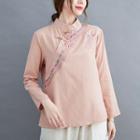 Long-sleeve Embroidered Frog-buttoned Stand-collar Top