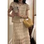 Set: Short-sleeve Lace Trim Blouse + Midi A-line Skirt White - One Size