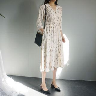 V-neck Gathered-waist Printed Midi Dress