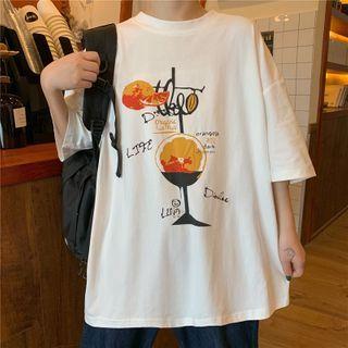 Elbow-sleeve Drinks Print T-shirt