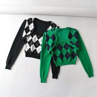 Set: Argyle Knit Camisole + Shrug Cardigan