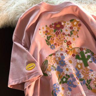 Short-sleeve Floral Bear Embroidered T-shirt