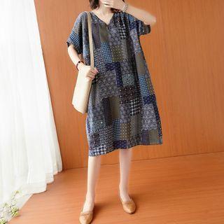 Short-sleeve Print Panel A-line Dress As Shown In Figure - One Size