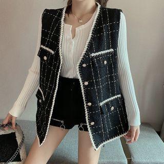 Set: Contrast Trim Vest + Rib-knit Top + Zip-accent Shorts