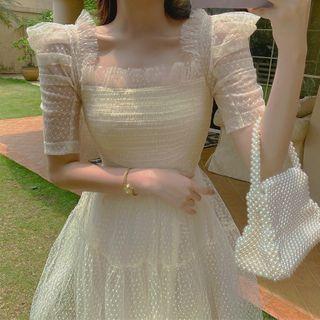 Dotted Mesh Overlay Short-sleeve Dress